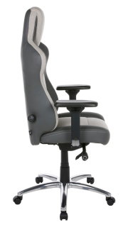 Seitliche Ansicht eines grauen Gaming-Stuhls mit verstellbaren Armlehnen und ergonomischem Design.