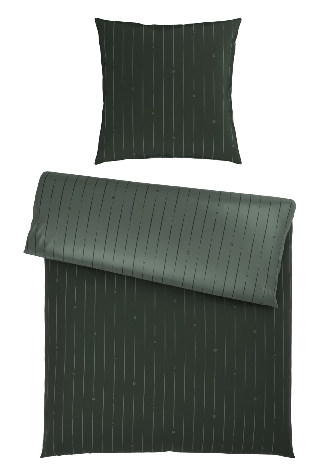 Dunkelgrüne Wendebettwäsche mit feinen vertikalen Streifen, Draufsicht