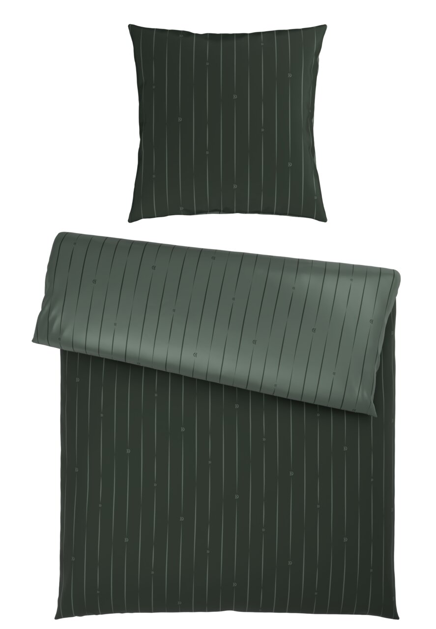 Dunkelgrüne Wendebettwäsche mit feinen vertikalen Streifen, Draufsicht