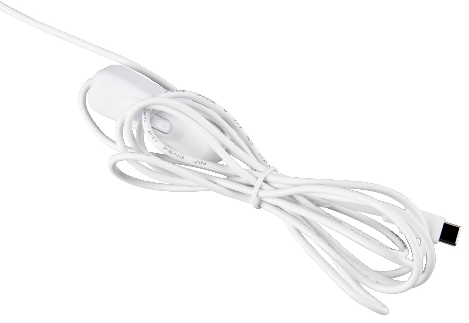 Weißes USB-C-Ladekabel mit inline Schalter/Bedienknopf, aufgewickelt auf weißem Hintergrund, in schräger Draufsicht