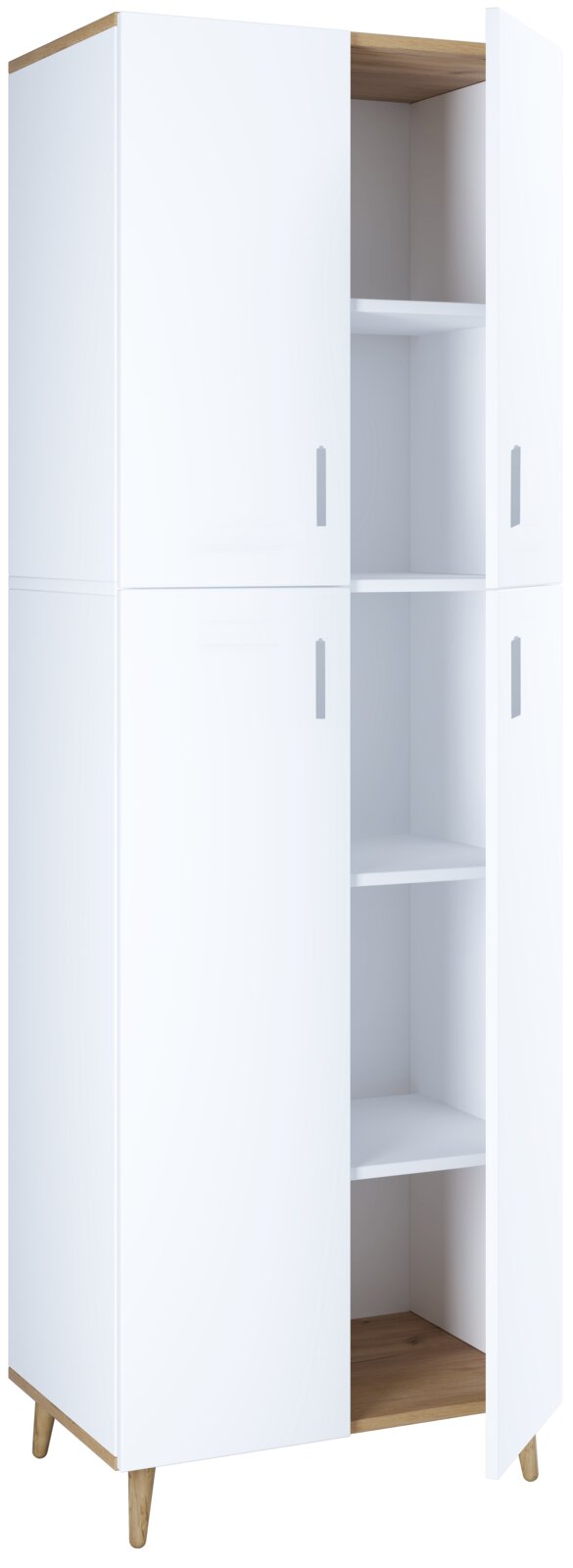 Hoher weißer Schrank mit Holzdetails und vier Türen, teils geöffnet mit sichtbaren Einlegeböden, in leichter Front-Links-Perspektive