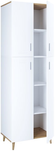 Hoher weißer Schrank mit Holzdetails und vier Türen, teils geöffnet mit sichtbaren Einlegeböden, in leichter Front-Links-Perspektive