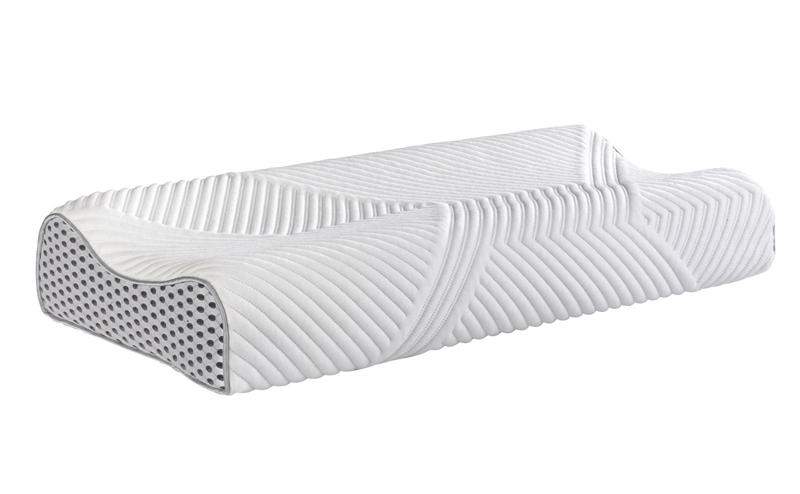 Seitliche Ansicht eines ergonomischen Nackenstützkissens mit wellenförmiger Oberfläche und atmungsaktiven Materialien.