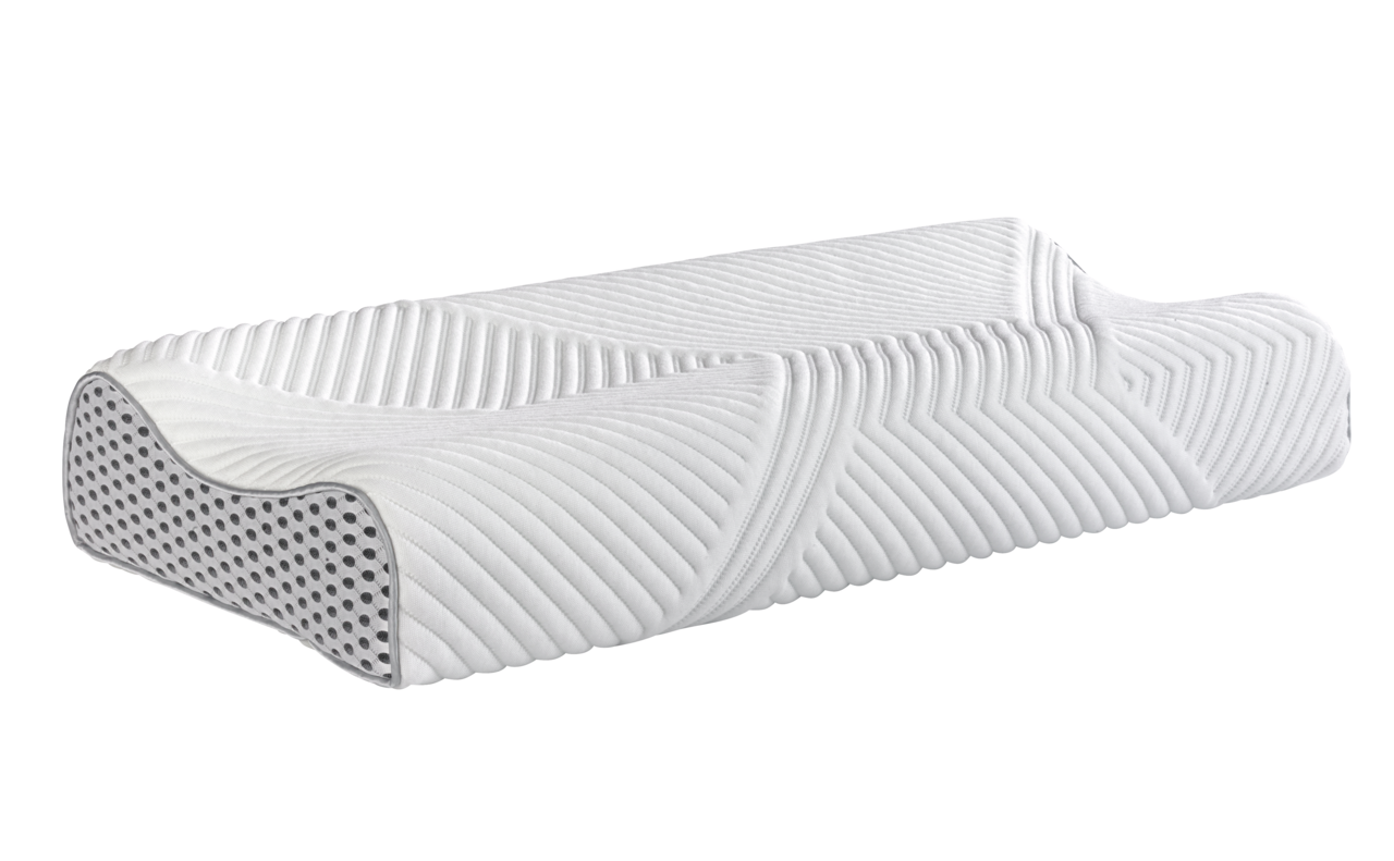 Seitliche Ansicht eines ergonomischen Nackenstützkissens mit wellenförmiger Oberfläche und atmungsaktiven Materialien.