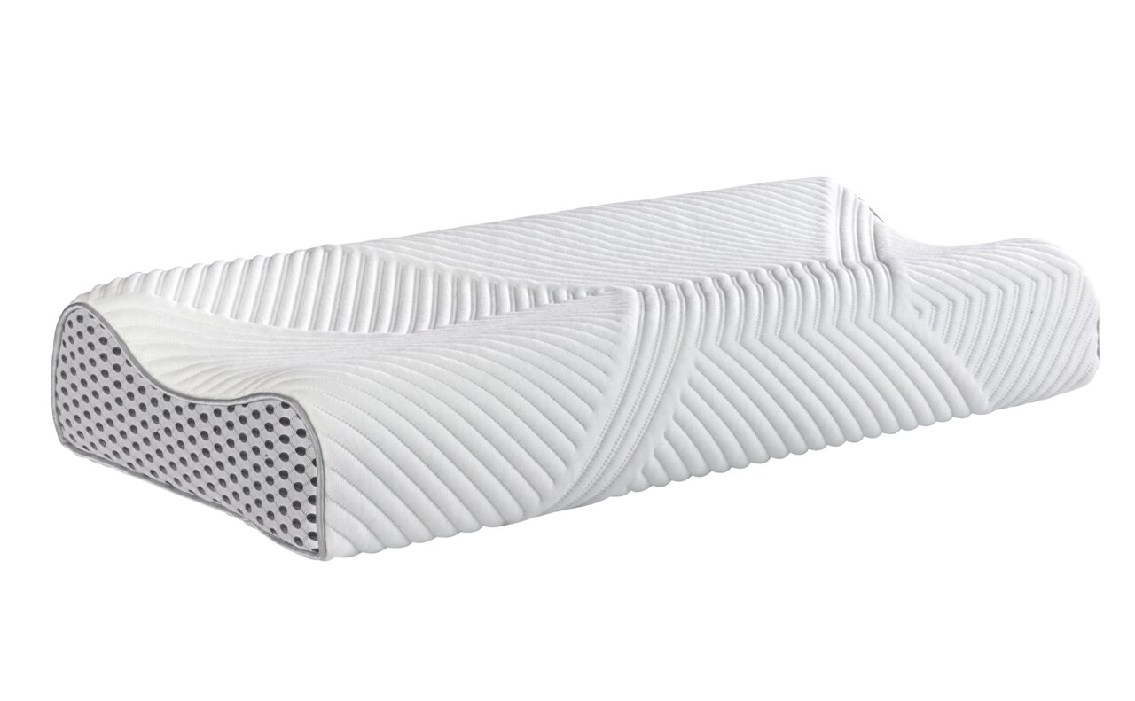 Seitliche Ansicht eines ergonomischen Nackenstützkissens mit wellenförmiger Oberfläche und atmungsaktiven Materialien.