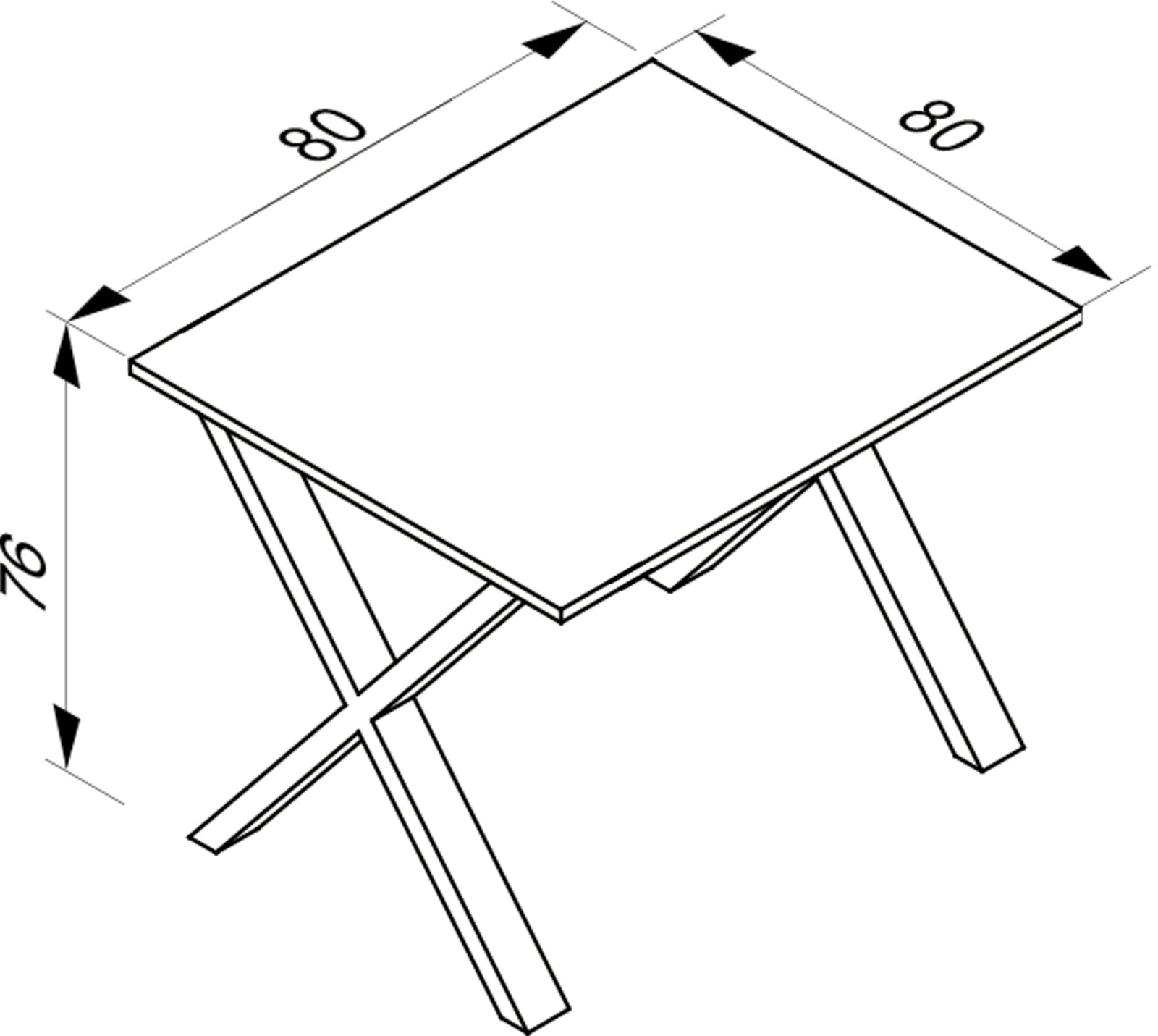 Isometrische Perspektive: technische Strichzeichnung eines quadratischen Tisches mit X-förmigem Untergestell, Tischplatte ca. 80 x 80 cm und Höhe ca. 76 cm, mit Maßpfeilen.