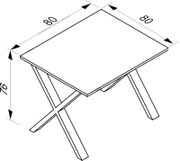 Isometrische Perspektive: technische Strichzeichnung eines quadratischen Tisches mit X-förmigem Untergestell, Tischplatte ca. 80 x 80 cm und Höhe ca. 76 cm, mit Maßpfeilen.