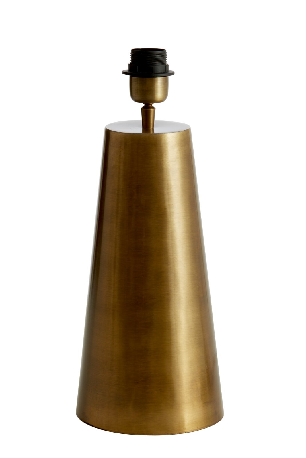 Goldener, konischer Lampenfuß aus Metall, frontal fotografiert.