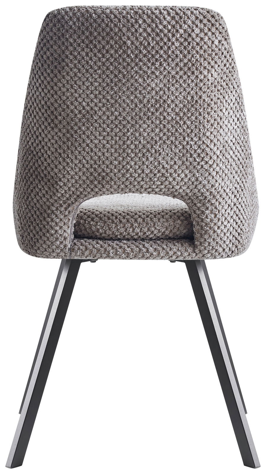 Rückansicht eines modernen Stuhls mit grauem, strukturiertem Stoffbezug und schwarzen Metallbeinen.