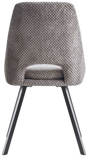 Rückansicht eines modernen Stuhls mit grauem, strukturiertem Stoffbezug und schwarzen Metallbeinen.
