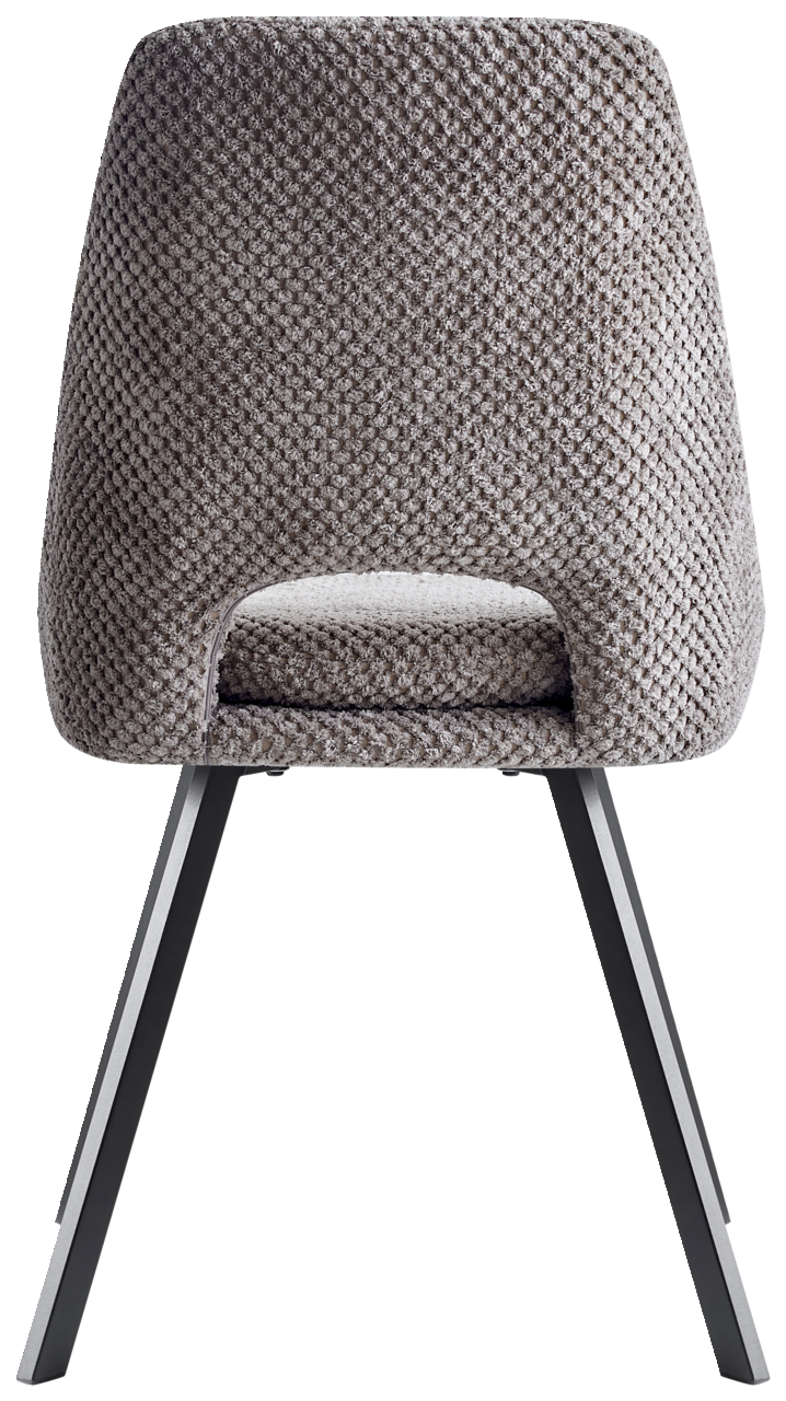 Z2 Stuhl FLAVIO Rückansicht eines modernen Stuhls mit grauem, strukturiertem Stoffbezug und schwarzen Metallbeinen.