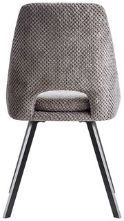 Rückansicht eines modernen Stuhls mit grauem, strukturiertem Stoffbezug und schwarzen Metallbeinen.