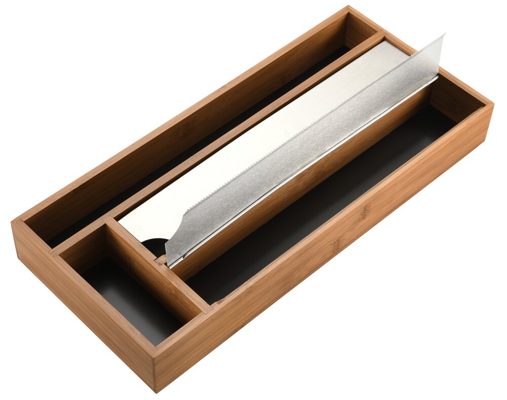 Houten foliedispenser met metalen afdekking, bovenaanzicht