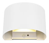 Weiße Akku Wandleuchte TALENT, frontal von unten fotografiert, mit sanftem Lichtschein.