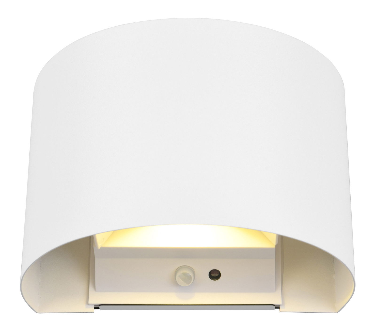 Weiße Akku Wandleuchte TALENT, frontal von unten fotografiert, mit sanftem Lichtschein.