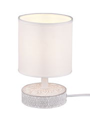 Tischleuchte MARIE mit zylindrischem, weißem Lampenschirm und dekorativem, gemustertem Sockel, seitliche Perspektive