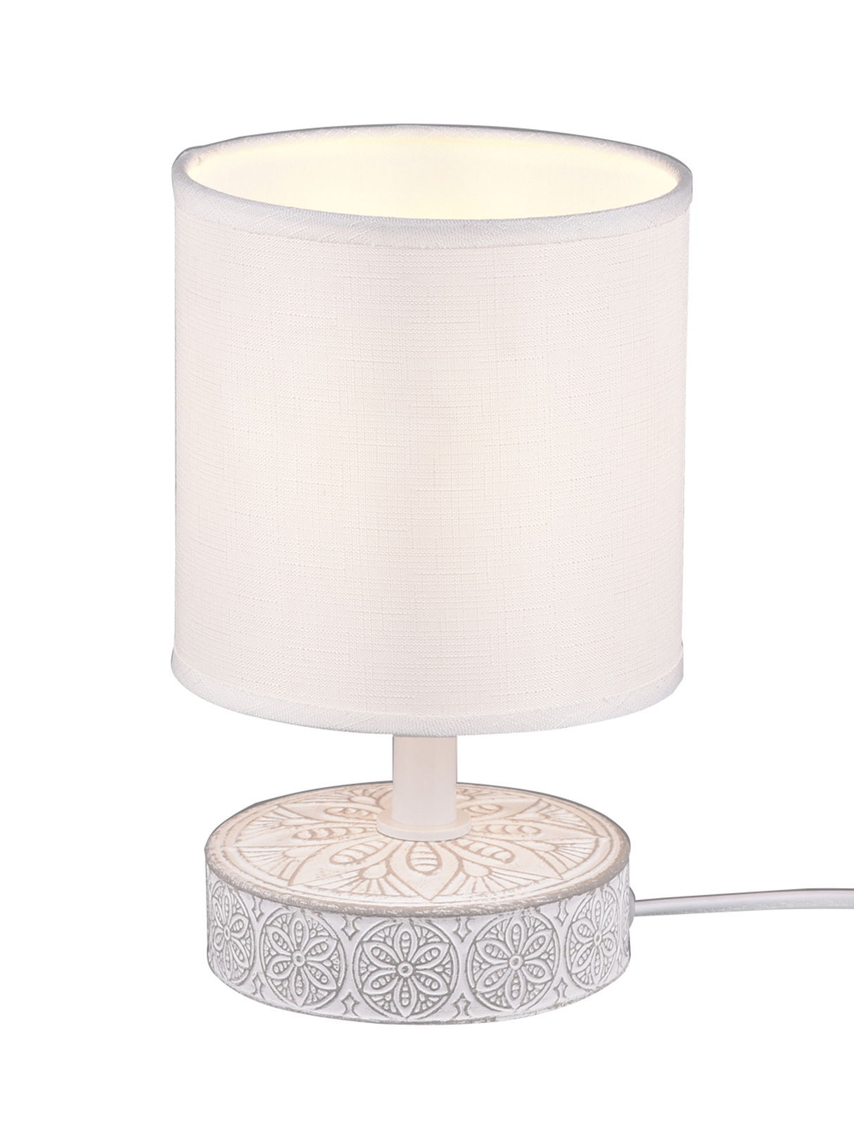 Tischleuchte MARIE mit zylindrischem, weißem Lampenschirm und dekorativem, gemustertem Sockel, seitliche Perspektive