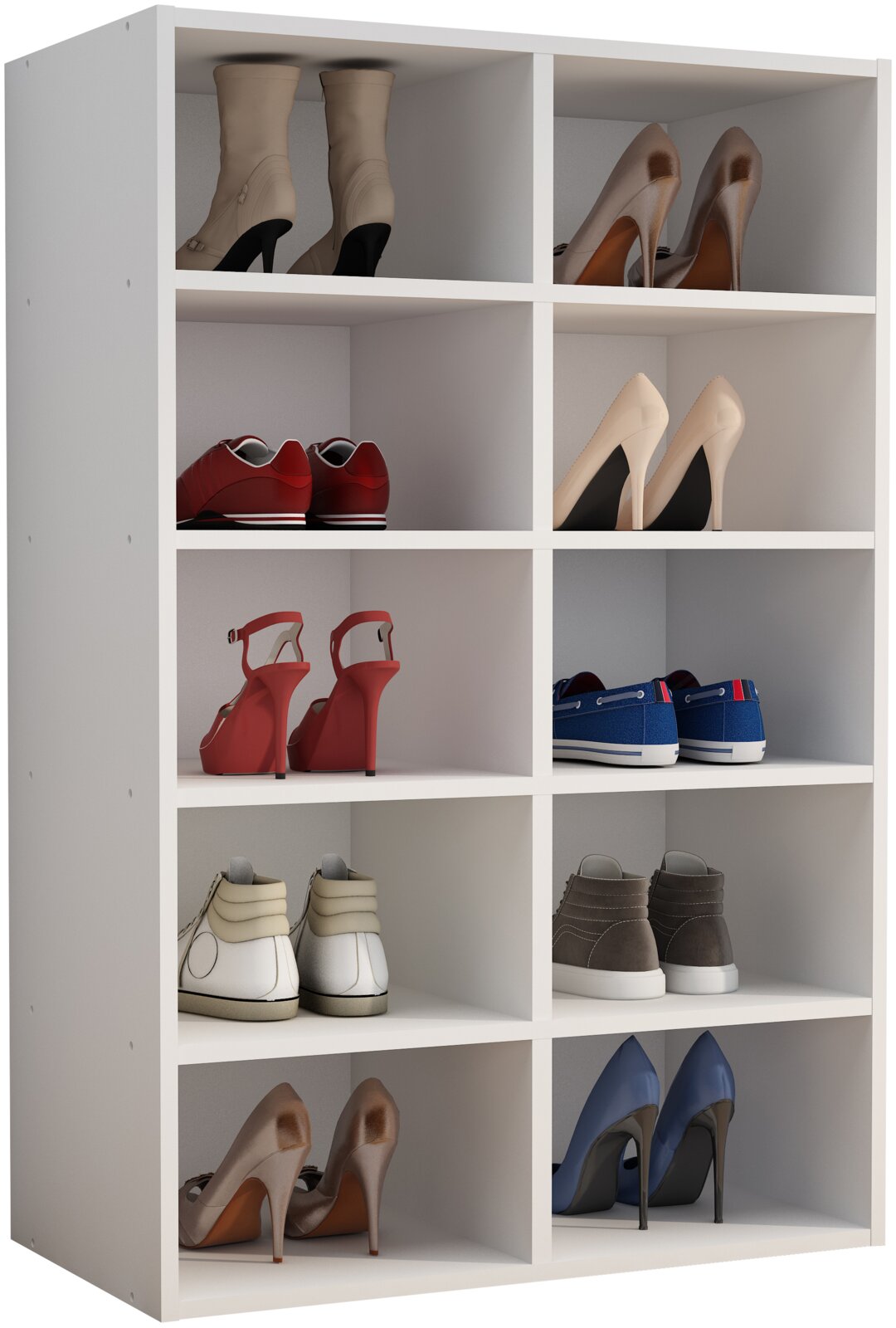 Weißes Schuhregal mit 10 offenen Fächern, gefüllt mit verschiedenen Schuhpaaren (Stiefeletten, Pumps, Sneaker) in Frontansicht mit leicht schräger Perspektive von links.