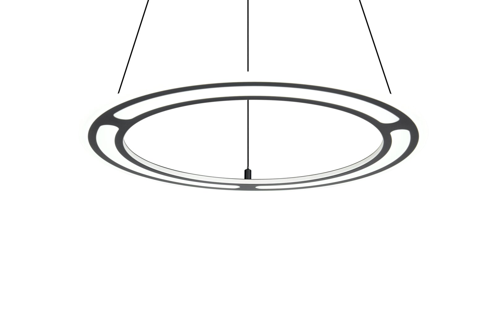 Moderne, runde Pendelleuchte aus schwarzem Metall, von unten betrachtet.