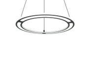 Moderne, ronde hanglamp van zwart metaal, gezien van onderaf.