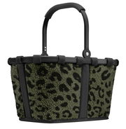 Kleiner Einkaufskorb mit schwarzem Griff und grün-schwarzem Leopardenmuster, seitliche Perspektive