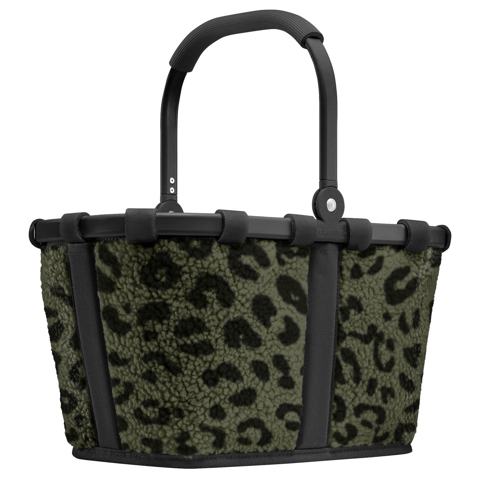 Kleiner Einkaufskorb mit schwarzem Griff und grün-schwarzem Leopardenmuster, seitliche Perspektive