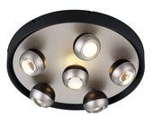 Moderne Deckenleuchte mit fünf kugelförmigen Strahlern, Ansicht von unten.