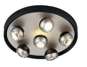 Moderne Deckenleuchte mit fünf kugelförmigen Strahlern, Ansicht von unten.