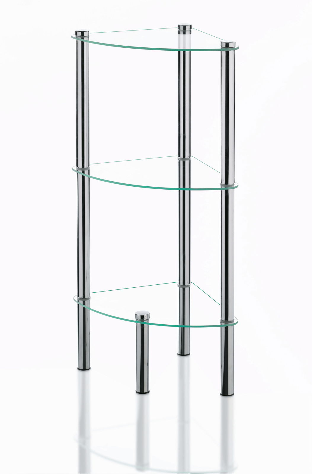 Modernes Eckregal mit drei Glasböden und verchromten Metallstützen, seitliche Perspektive