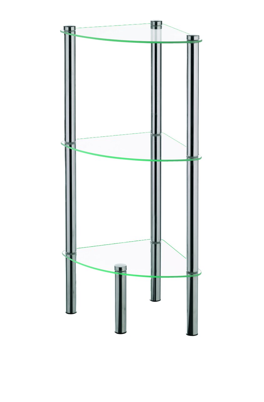 Moderne hoekkast met drie glazen planken en verchroomde metalen poten, zijaanzicht