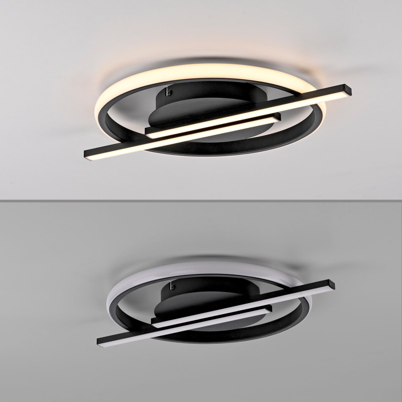 Moderne LED-Deckenleuchte mit kreisförmigem Design und zwei überkreuzten Leuchtstreifen, seitliche Perspektive.