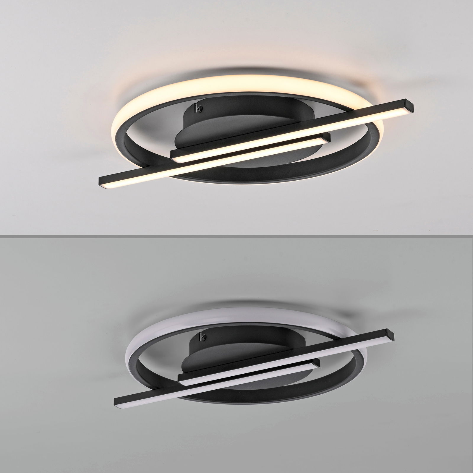Moderne LED-Deckenleuchte mit kreisförmigem Design und zwei überkreuzten Leuchtstreifen, seitliche Perspektive.
