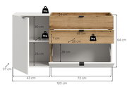 Offenes Sideboard/TV-Lowboard in Weiß und Holzoptik mit Klappe und Schublade, Maßangaben (120×64×37 cm) und Belastungsangaben, Frontansicht leicht schräg von links.