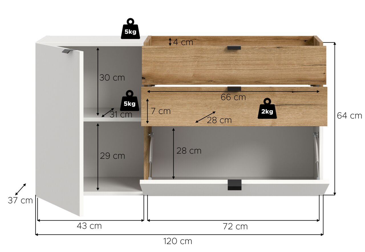 Offenes Sideboard/TV-Lowboard in Weiß und Holzoptik mit Klappe und Schublade, Maßangaben (120×64×37 cm) und Belastungsangaben, Frontansicht leicht schräg von links.