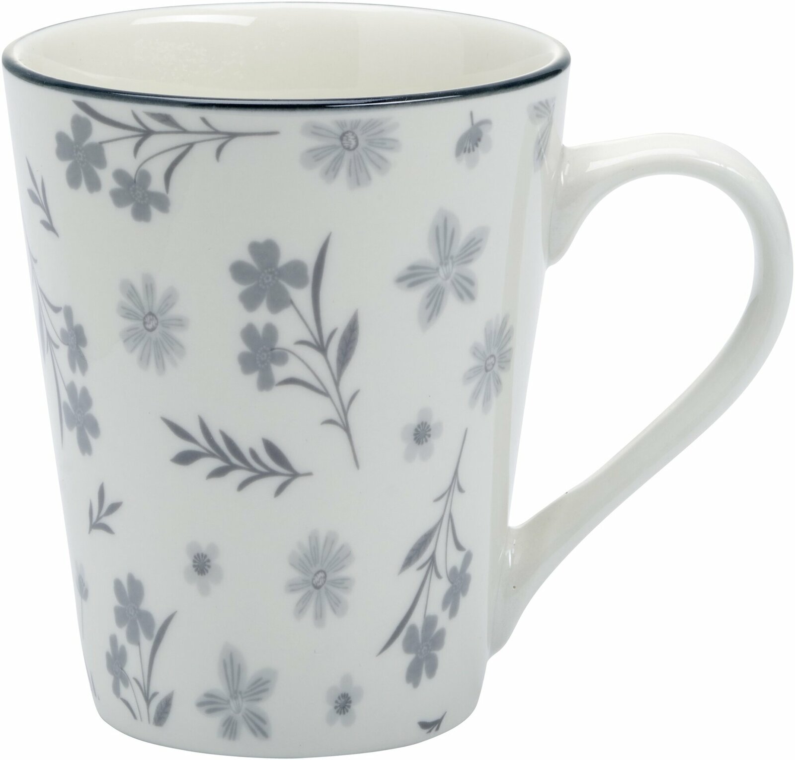 Becher mit grauem Blumenmuster, seitliche Perspektive