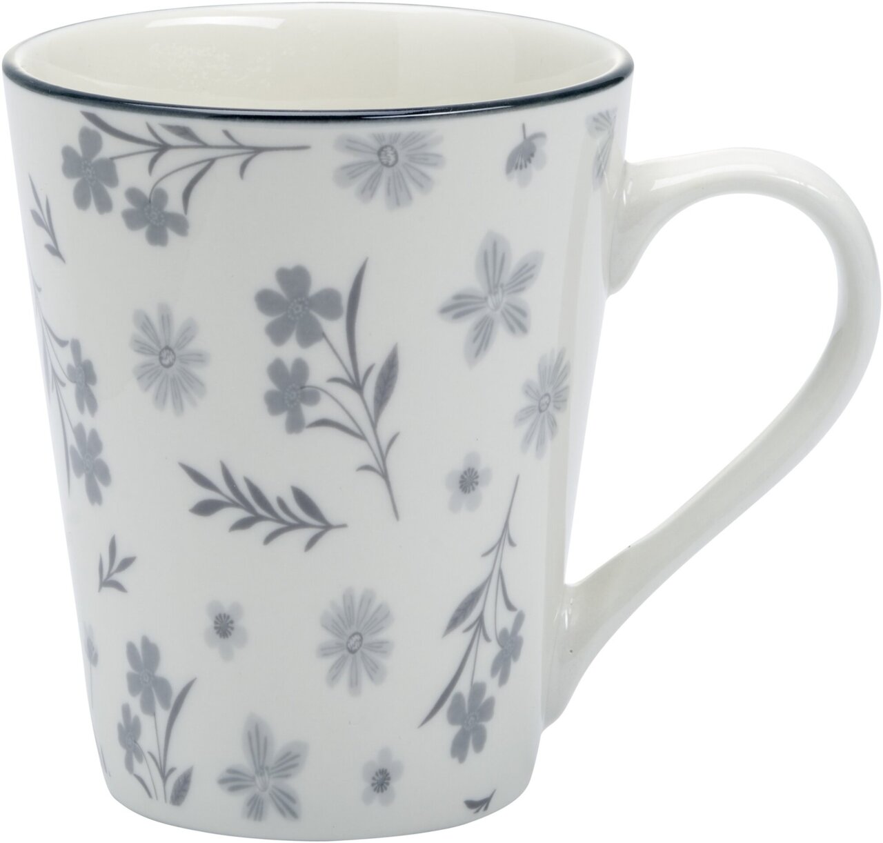 Becher mit grauem Blumenmuster, seitliche Perspektive