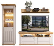 Wandkombination mit Vitrine, Regal und TV-Schrank in moderner Holzoptik, frontal betrachtet.