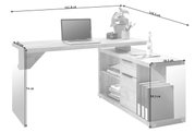 Eck-Schreibtisch mit Laptop, Pflanze und Kamera auf der linken Seite, Bücherregal und Schubladen auf der rechten Seite. Perspektive von vorne rechts.