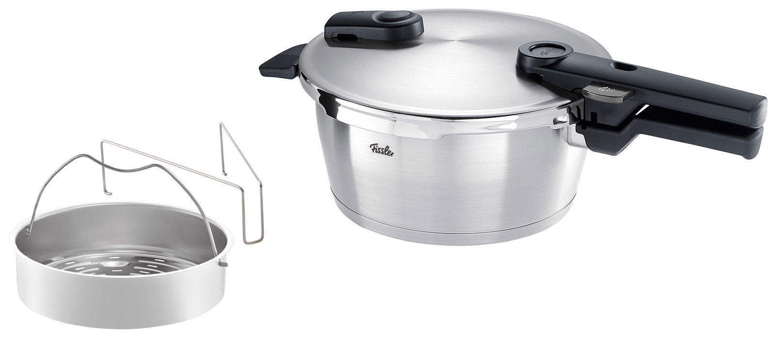 Schnellkochtopf aus Edelstahl mit schwarzem Griff und Einsatz, seitliche Perspektive