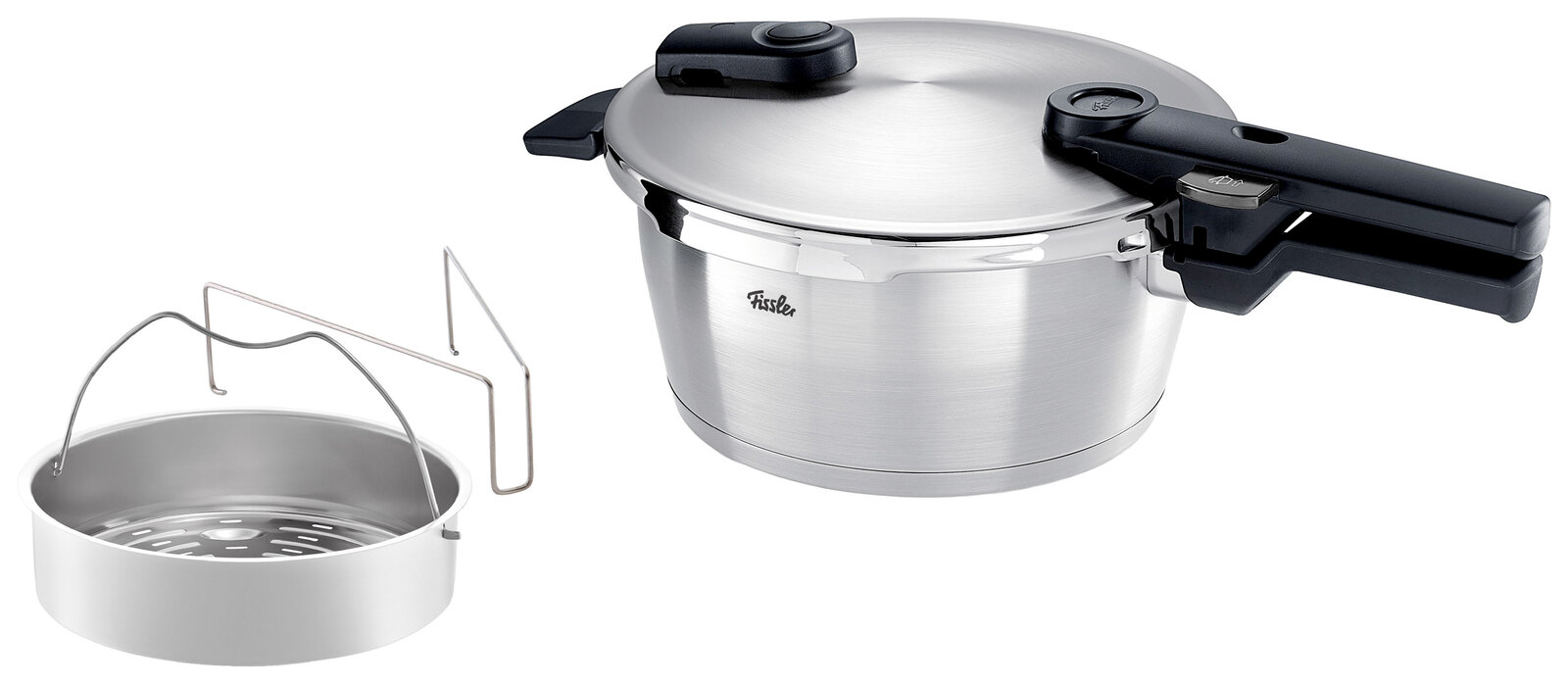 Schnellkochtopf aus Edelstahl mit schwarzem Griff und Einsatz, seitliche Perspektive