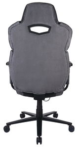 Rückansicht eines grauen Gaming-Stuhls mit schwarzem Gestell und Rollen