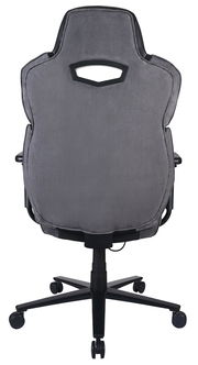 Rückansicht eines grauen Gaming-Stuhls mit schwarzem Gestell und Rollen