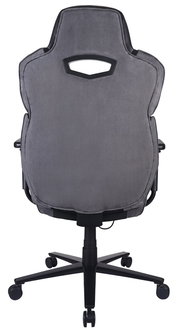 Rückansicht eines grauen Gaming-Stuhls mit schwarzem Gestell und Rollen