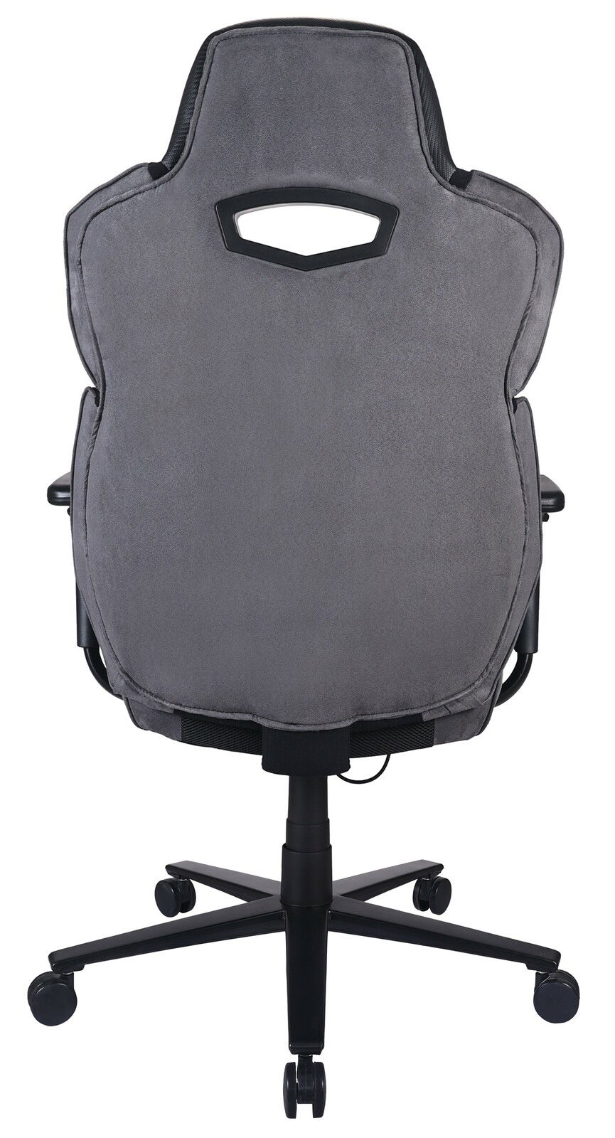 Rückansicht eines grauen Gaming-Stuhls mit schwarzem Gestell und Rollen