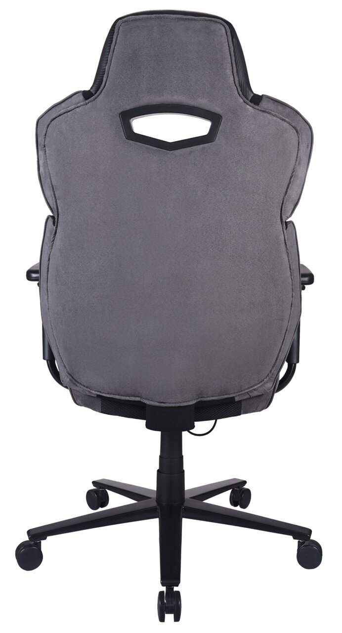 Achterkant van een grijze gamingstoel met een zwart frame en wieltjes