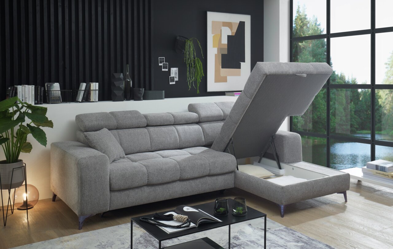 Graue Ecksofa SYDNEY mit Stauraum, moderne Wohnzimmerumgebung, seitliche Perspektive
