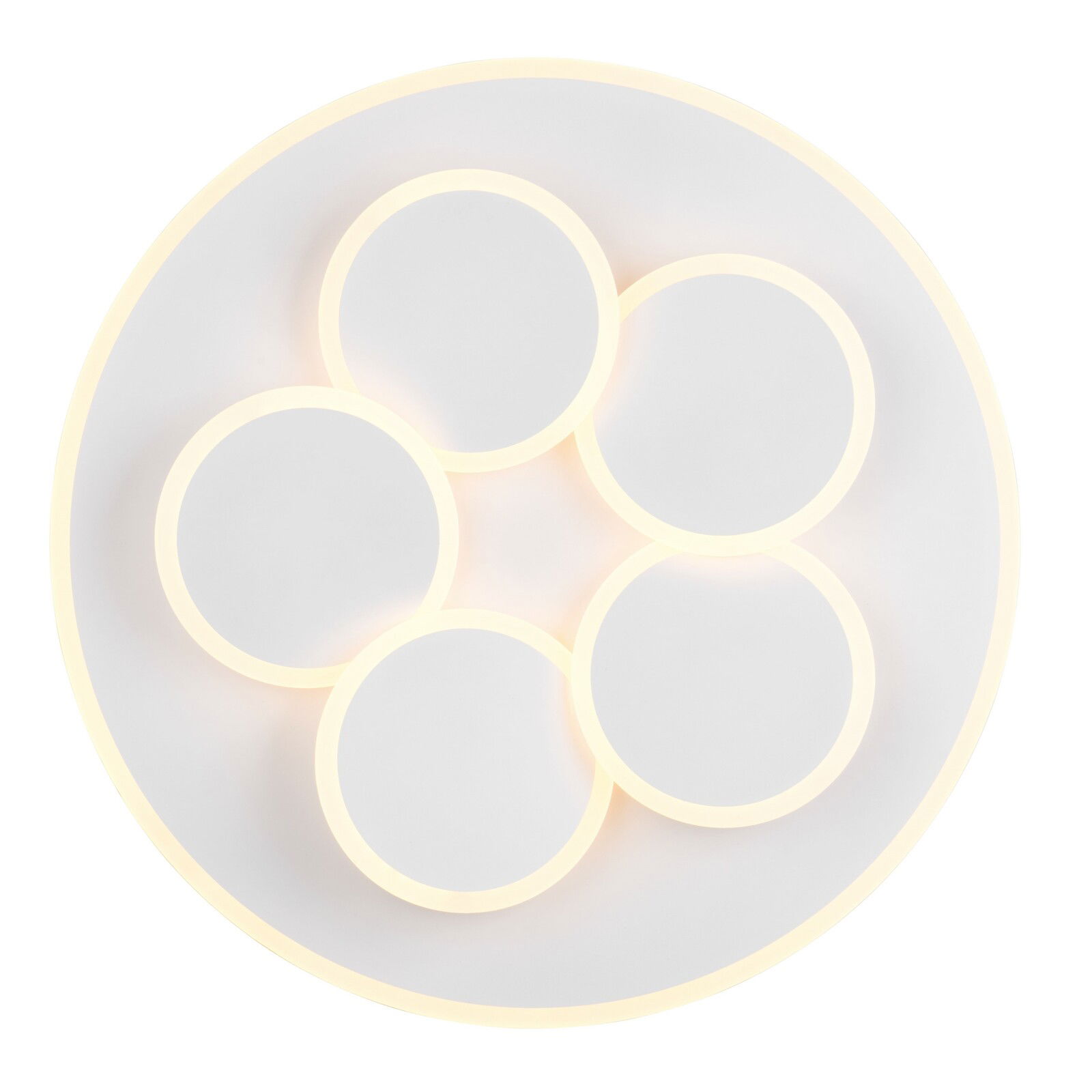 Runde Deckenleuchte mit fünf leuchtenden Kreisen, Ansicht von unten.