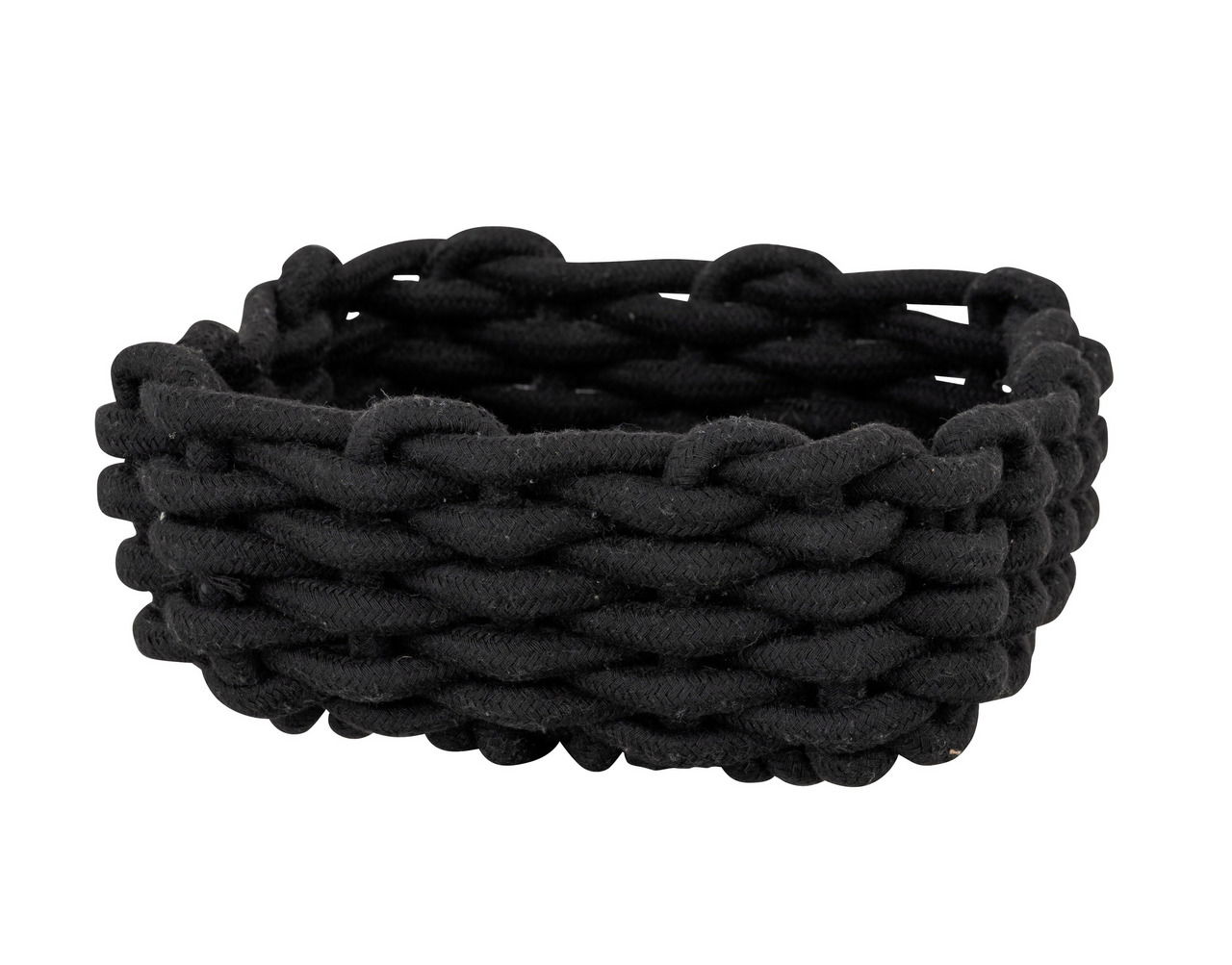 Schwarzer, geflochtener Badkorb Melara M aus Seilmaterial, seitliche Perspektive