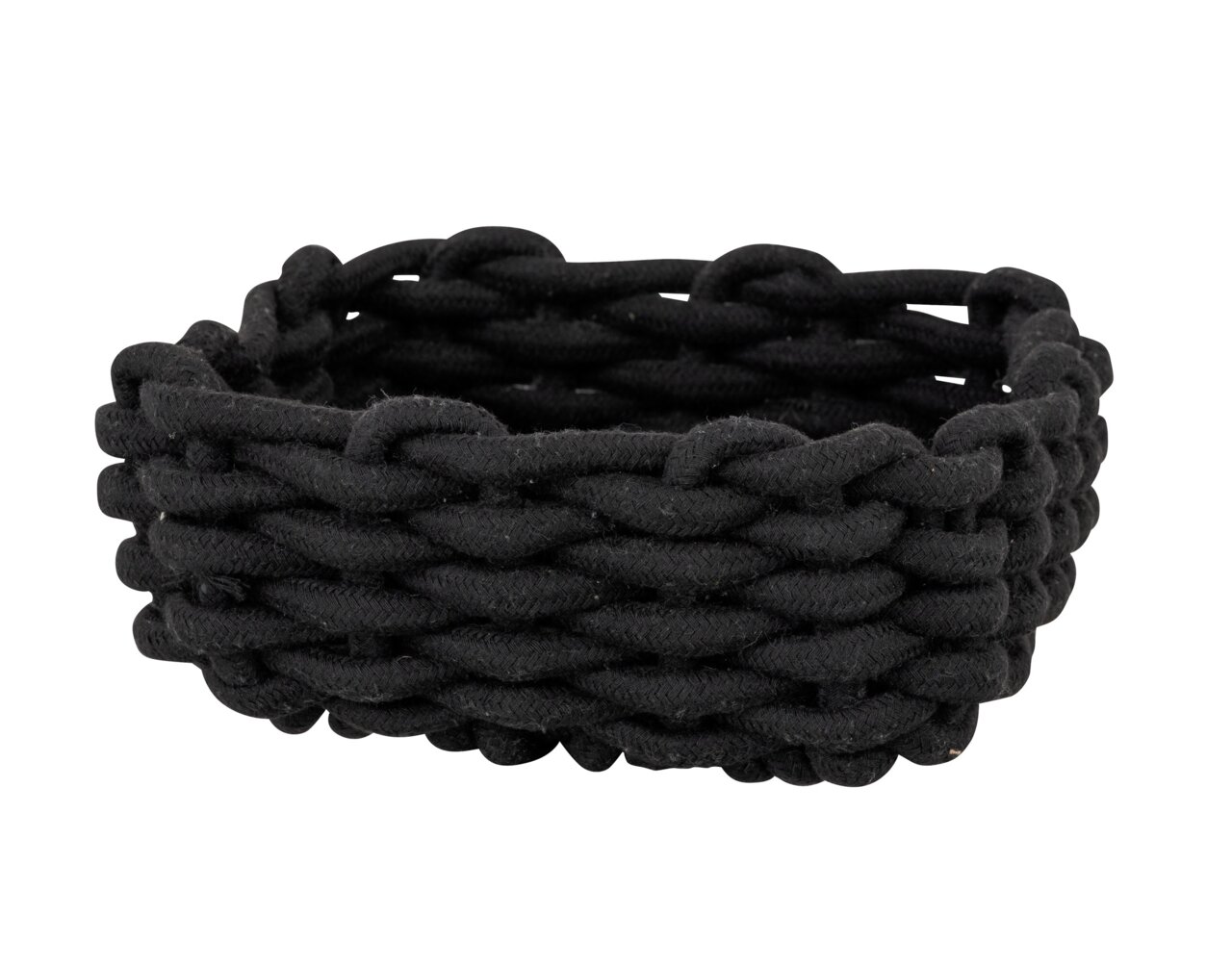 Schwarzer, geflochtener Badkorb Melara M aus Seilmaterial, seitliche Perspektive