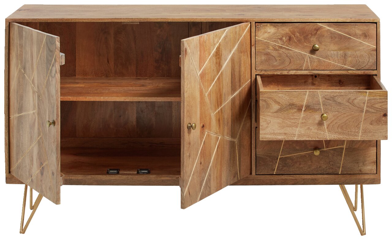 Houten dressoir met open deur en lades, vooraanzicht